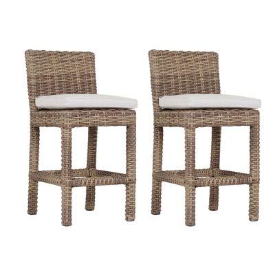 Sunset West Havana 2 Piece Resin Wicker Patio Counter Stool Set W/ Sunbrella Canvas Flax Cushions