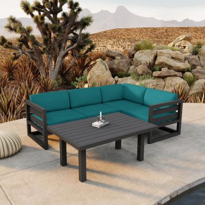 Misty Cove 5 Pc Aluminum Sectional Set in Slate W/ Spectrum Peacock Cushions & Classic Chat Table By Lakeview