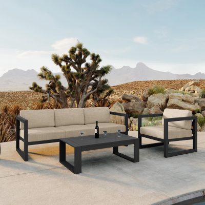 Misty Cove 3 Pc Aluminum Sofa Set in Slate W/ Canvas Flax Cushions & Portal Coffee Table By Lakeview