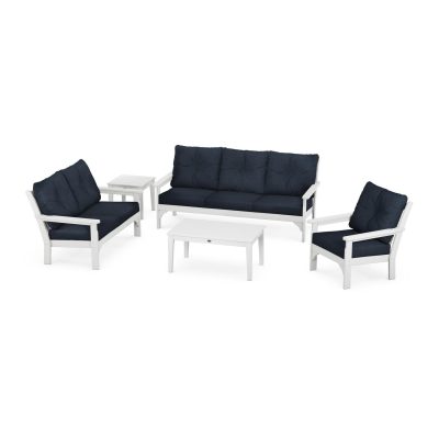 POLYWOOD Vineyard 5-Piece Deep Seating Set w/ Sofa – White / Marine Indigo