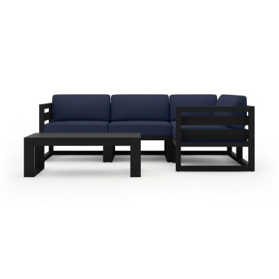 Misty Cove 5 Pc Aluminum Sectional Set in Black W/ Spectrum Indigo Cushions & Portal Coffee Table By Lakeview