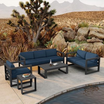 Misty Cove 5 Pc Aluminum Sofa Set in Slate W/ Spectrum Indigo Cushions By Lakeview