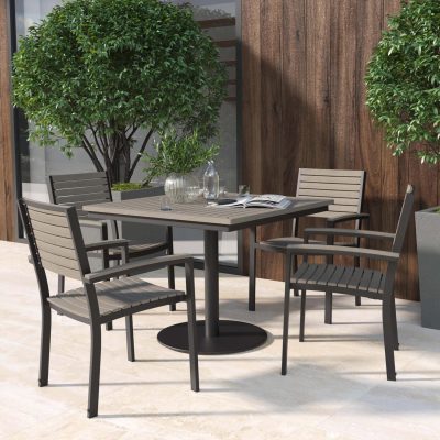 Travira 5 Pc Aluminum Dining Set W/ Vintage Tekwood Slats, Arm Caps & Table Top in Carbon By Oxford Garden