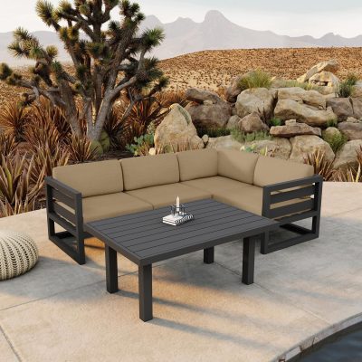 Misty Cove 5 Pc Aluminum Sectional Set in Slate W/ Heather Beige Cushions & Classic Chat Table By Lakeview