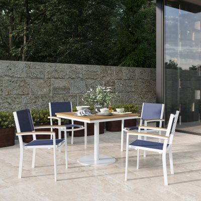 Travira 5 Pc Composite Sling & Aluminum Dining Set W/ Natural Tekwood Arm Caps & Square Table Top in Chalk/Ink Pen By Oxford Garden